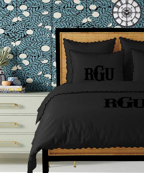 Monogram Black 400TC Cotton Small Scallop Embroidery Duvet Cover Set