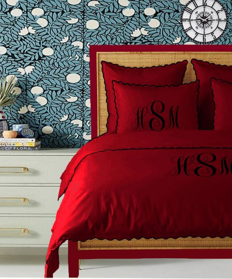 Monogram Burgundy 400TC Cotton Small Scallop Embroidery Duvet Cover Set