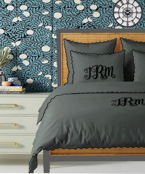 Monogram Dark Grey 400TC Cotton Small Scallop Embroidery Duvet Cover Set