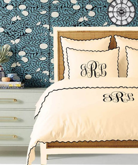Monogram Ivory 400TC Cotton Small Scallop Embroidery Duvet Cover Set