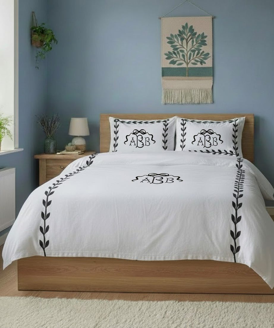 Monogram Layered Leaf Applique Cotton Duvet Cover Set