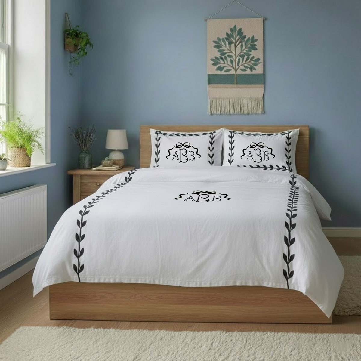 Monogram Layered Leaf Applique Cotton Duvet Cover Set
