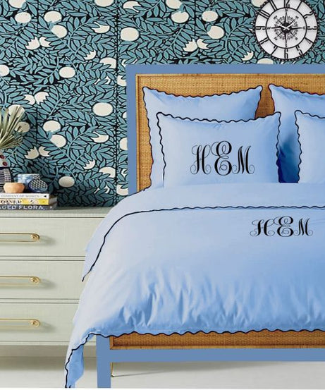 Monogram Light Blue 400TC Cotton Small Scallop Embroidery Duvet Cover Set