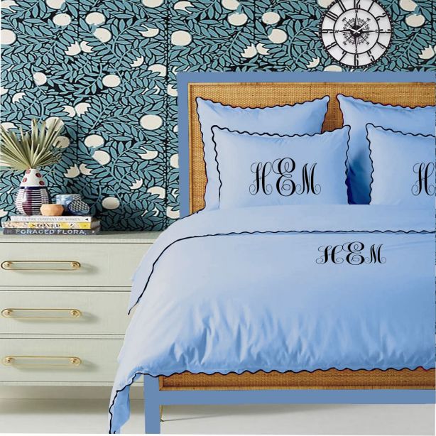 Monogram Light Blue 400TC Cotton Small Scallop Embroidery Duvet Cover Set
