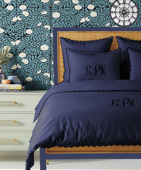 Monogram Navy 400TC Cotton Small Scallop Embroidery Duvet Cover Set
