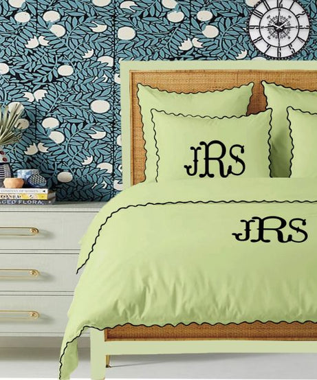 Monogram Sage 400TC Cotton Small Scallop Embroidery Duvet Cover Set