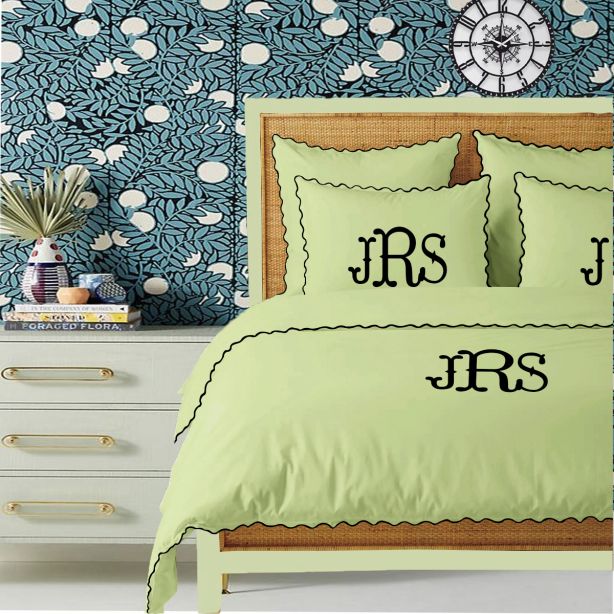 Monogram Sage 400TC Cotton Small Scallop Embroidery Duvet Cover Set