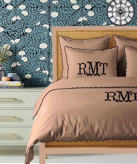 Monogram Taupe 400TC Cotton Small Scallop Embroidery Duvet Cover Set