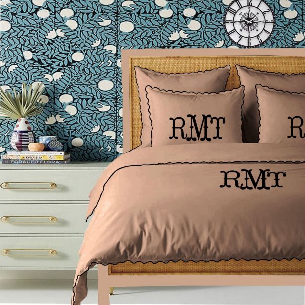 Monogram Taupe 400TC Cotton Small Scallop Embroidery Duvet Cover Set