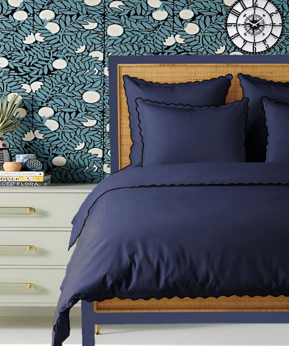 Navy 400TC Cotton Small Scallop Embroidery Duvet Cover Set