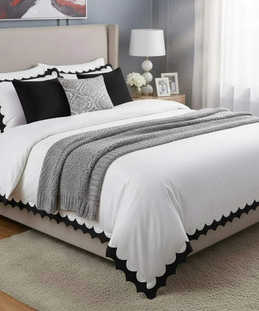 Reverse Scalloped Applique Embroidery Cotton Duvet Cover Set