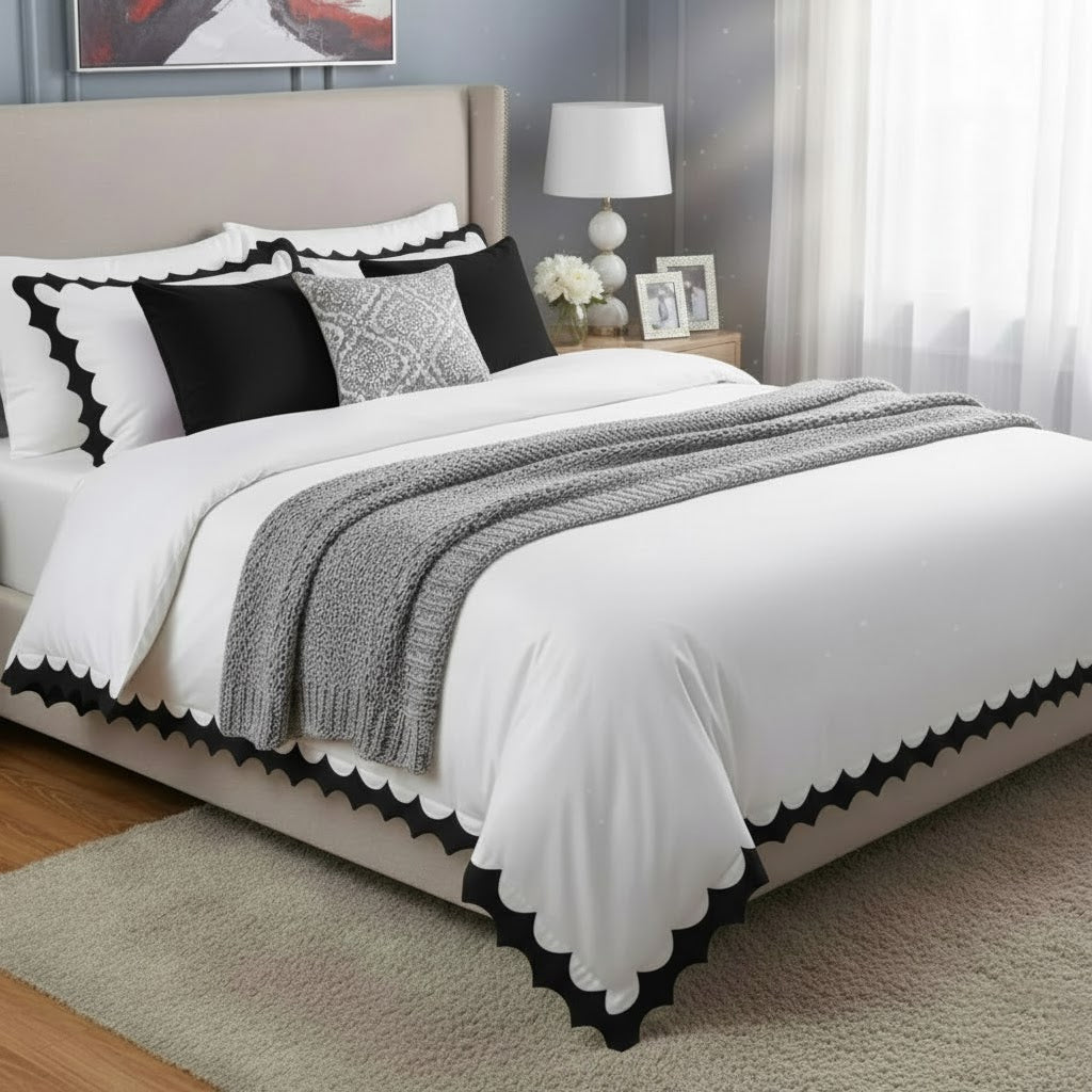 Reverse Scalloped Applique Embroidery Cotton Duvet Cover Set