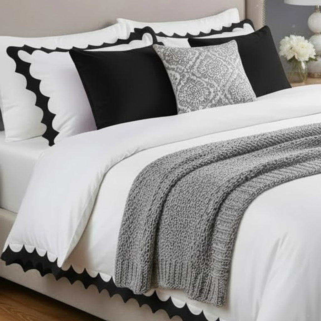 Reverse Scalloped Applique Embroidery Cotton Duvet Cover Set