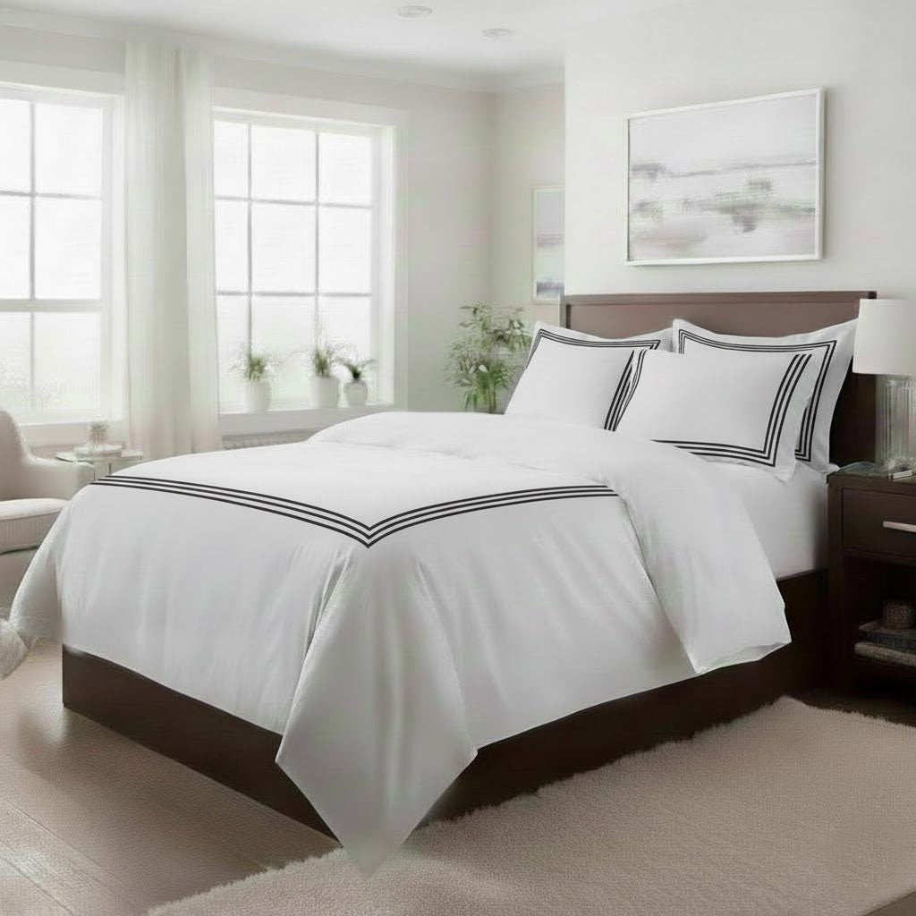 400TC Cotton Triple Embroidery Sateen Solid Duvet Cover Set