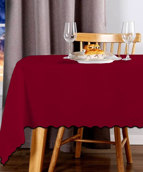 Scallop Embroidery Sateen Cotton Solid Table Cloth - Burgundy