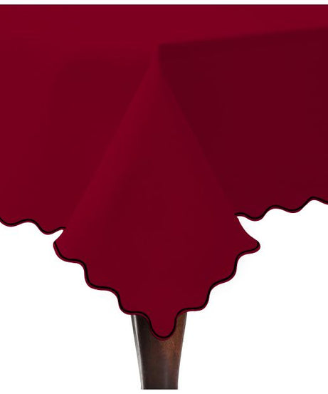 Scallop Embroidery Sateen Cotton Solid Table Cloth - Burgundy