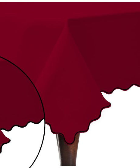 Scallop Embroidery Sateen Cotton Solid Table Cloth - Burgundy