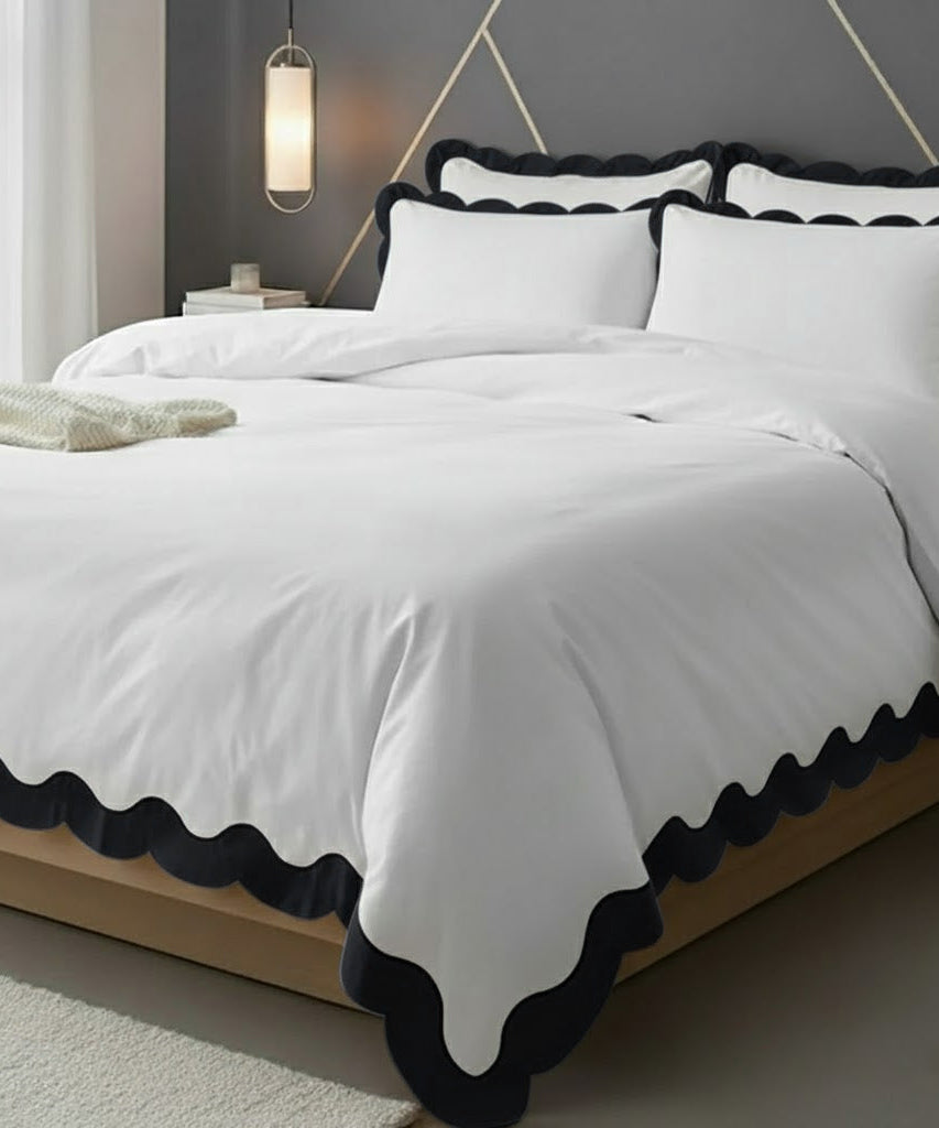 Scalloped & Wavy Applique Embroidery Cotton Duvet Cover Set
