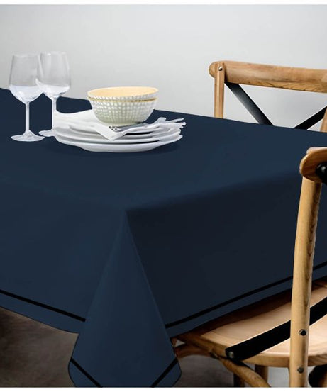 Single Embroidery Border Sateen Cotton Solid Table Cloth - Navy