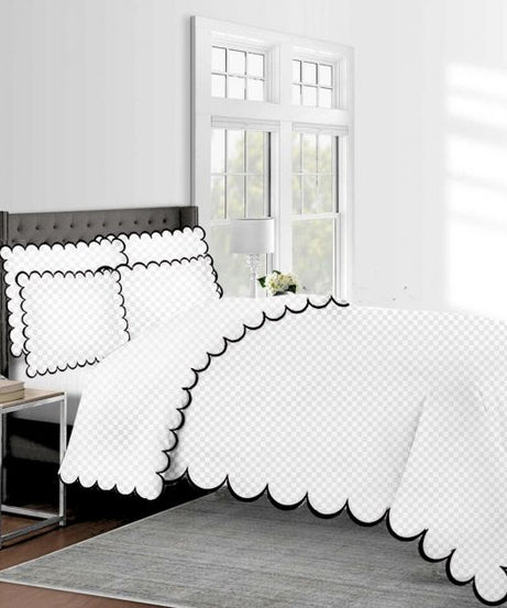 Allena 400TC Cotton Scallop Embroidery Sateen Microcheck Duvet Cover Set