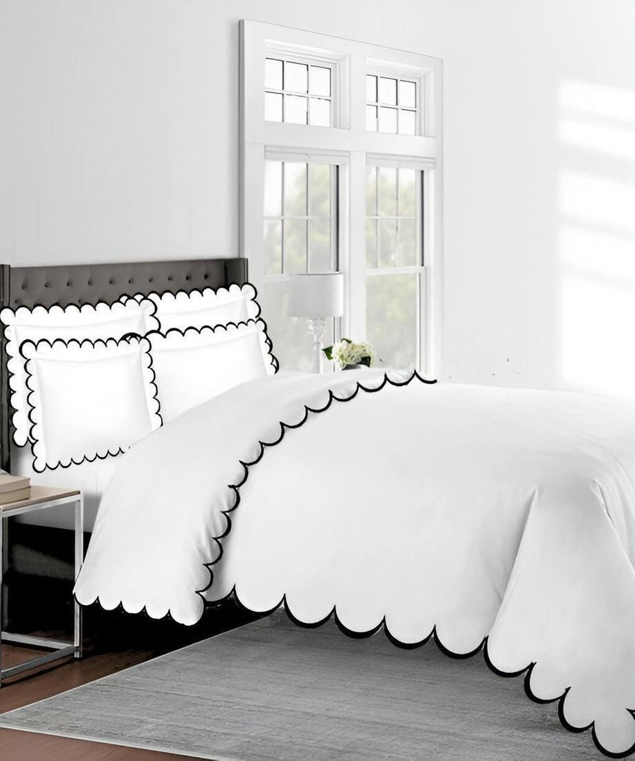 Allena 400TC Cotton Scallop Embroidery Sateen Solid Duvet Cover Set