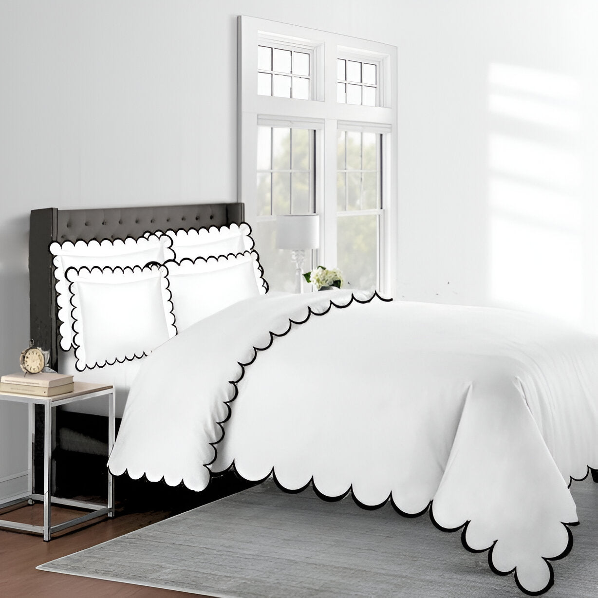 Allena 400TC Cotton Scallop Embroidery Sateen Solid Duvet Cover Set