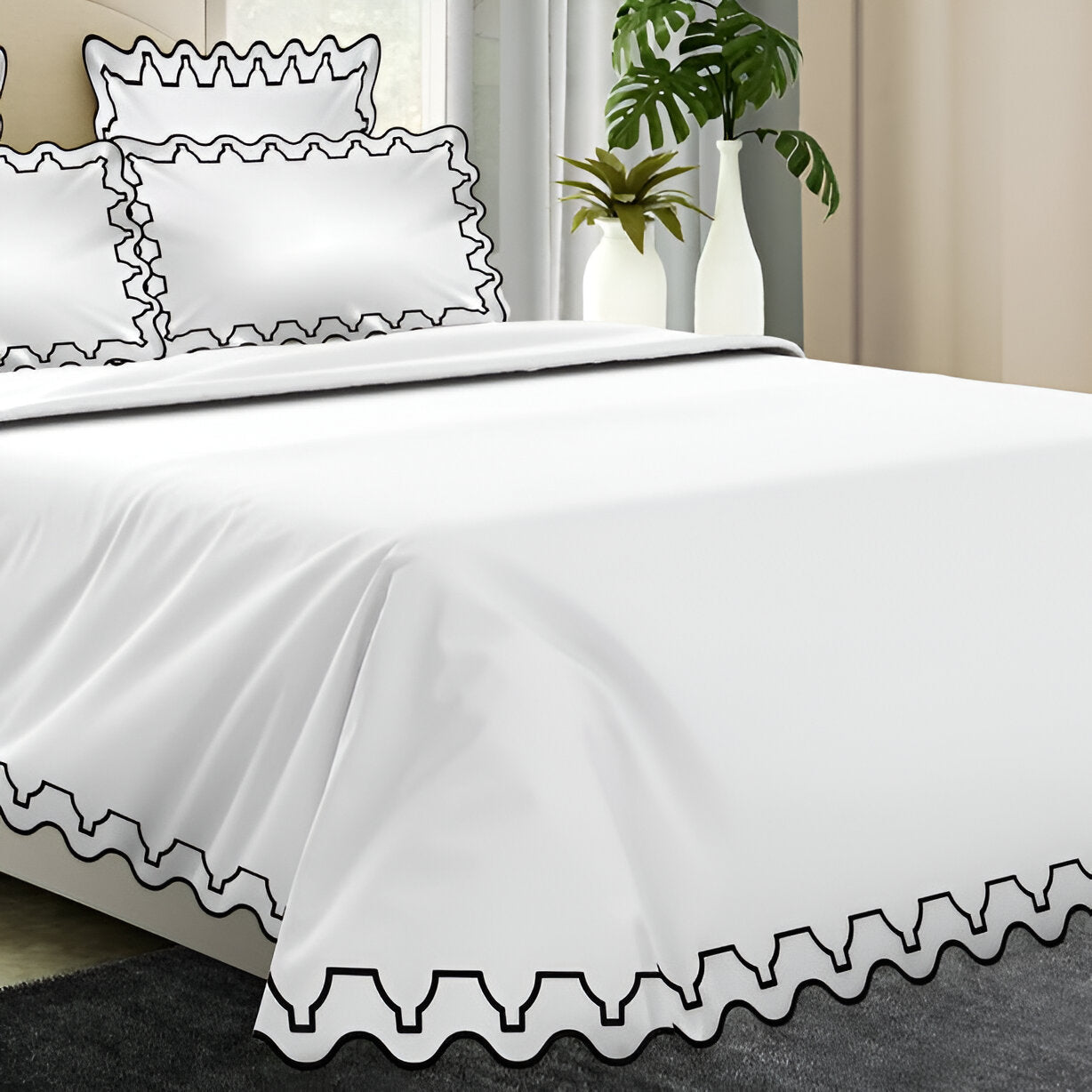 Imaginary Scallop 400TC Cotton Embroidery Sateen Solid Duvet Cover Set