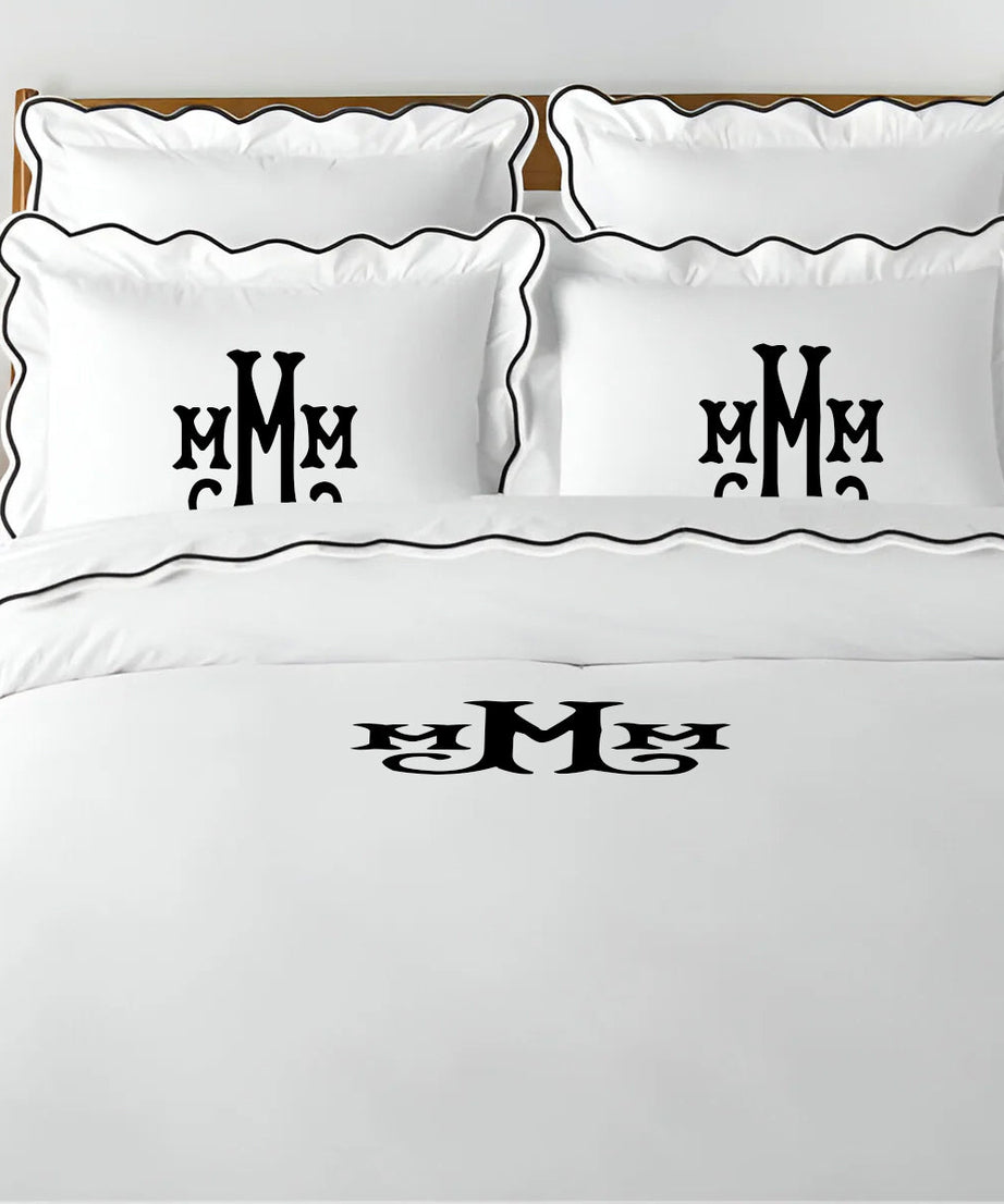 Monogram 400TC Cotton Scallop Embroidery Sateen Solid Duvet Cover Set