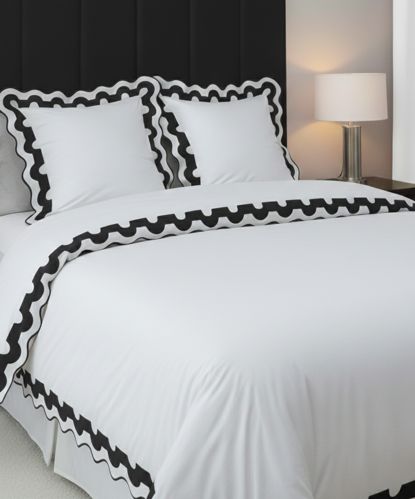 400TC U Shape Applique Scalloped Embroidery Cotton Duvet Cover Set