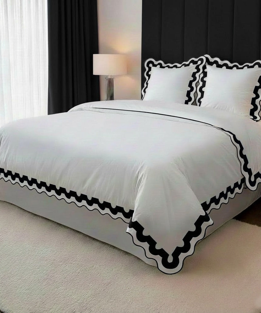 400TC U Shape Applique Scalloped Embroidery Cotton Duvet Cover Set