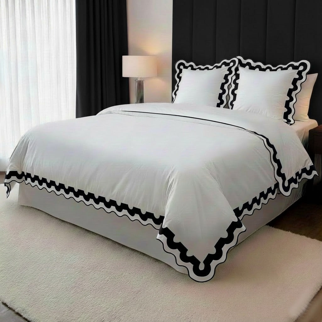 400TC U Shape Applique Scalloped Embroidery Cotton Duvet Cover Set