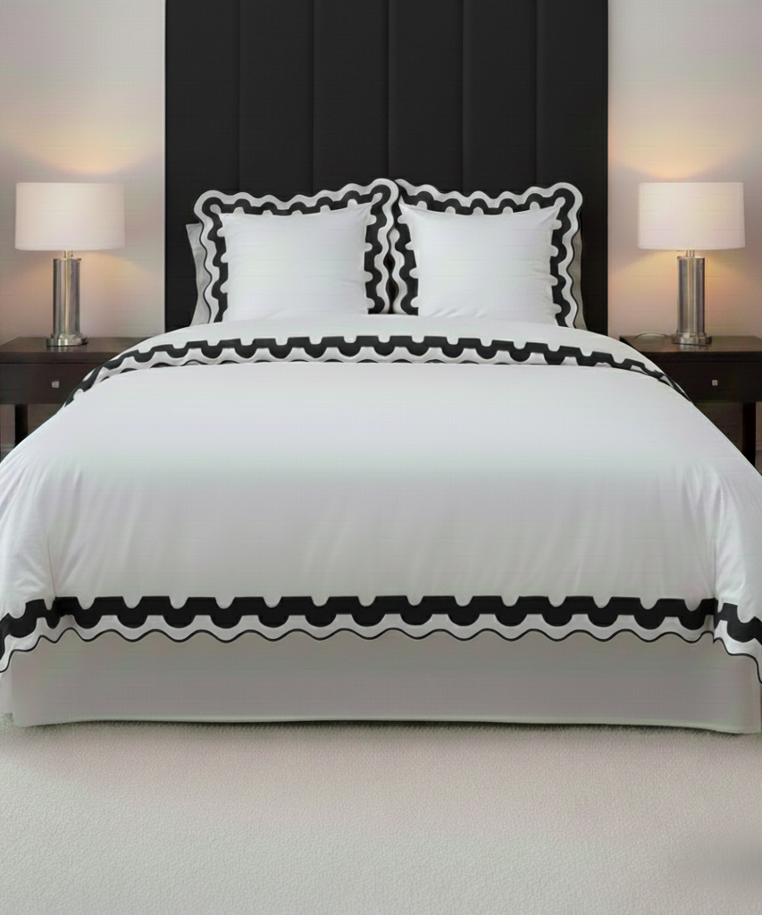 400TC U Shape Applique Scalloped Embroidery Cotton Duvet Cover Set
