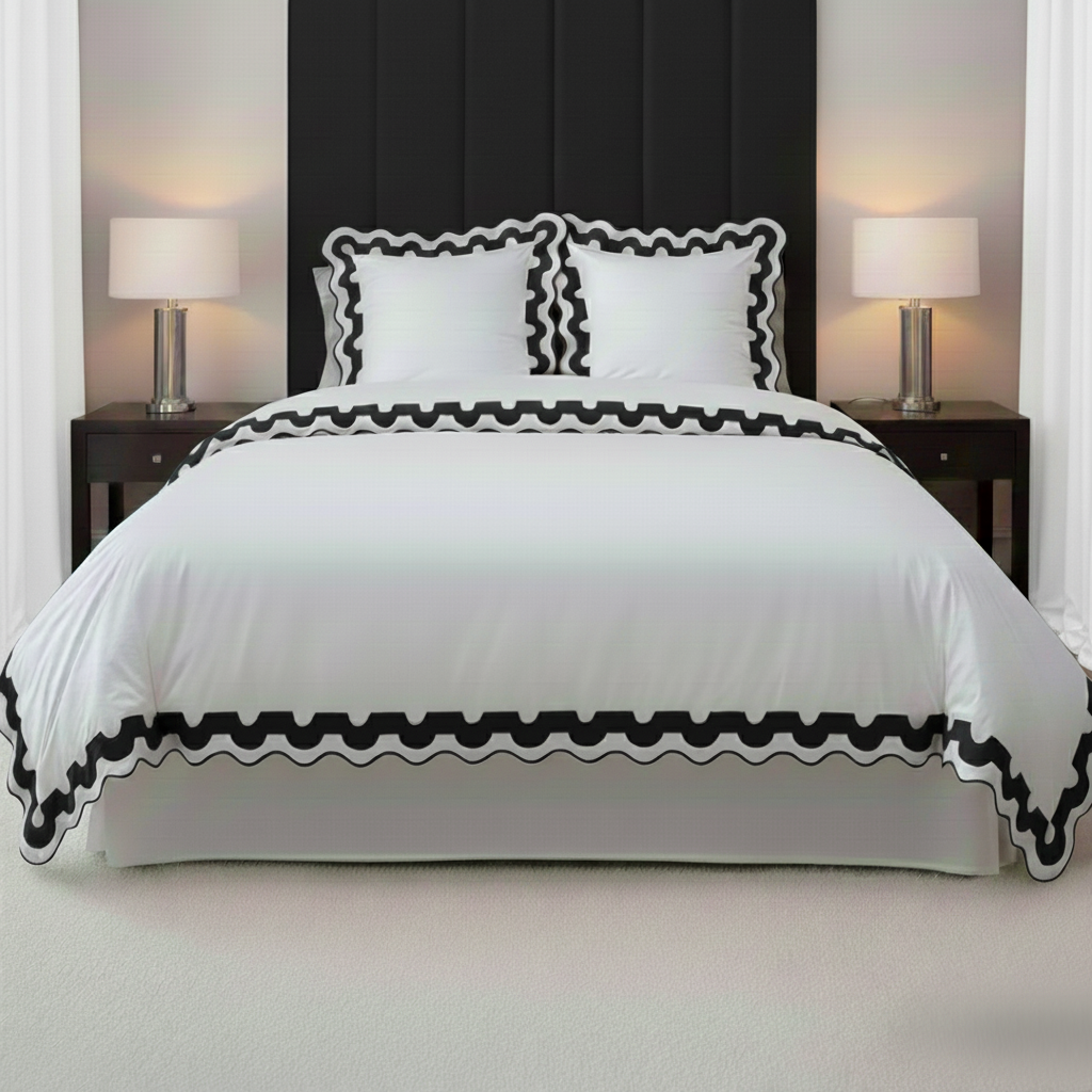 400TC U Shape Applique Scalloped Embroidery Cotton Duvet Cover Set