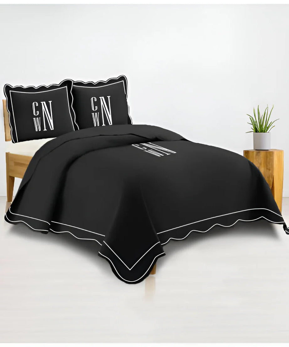 Monogram 400TC Luxurious Wavy Embroidery & Border Cotton Sateen Duvet Cover Set