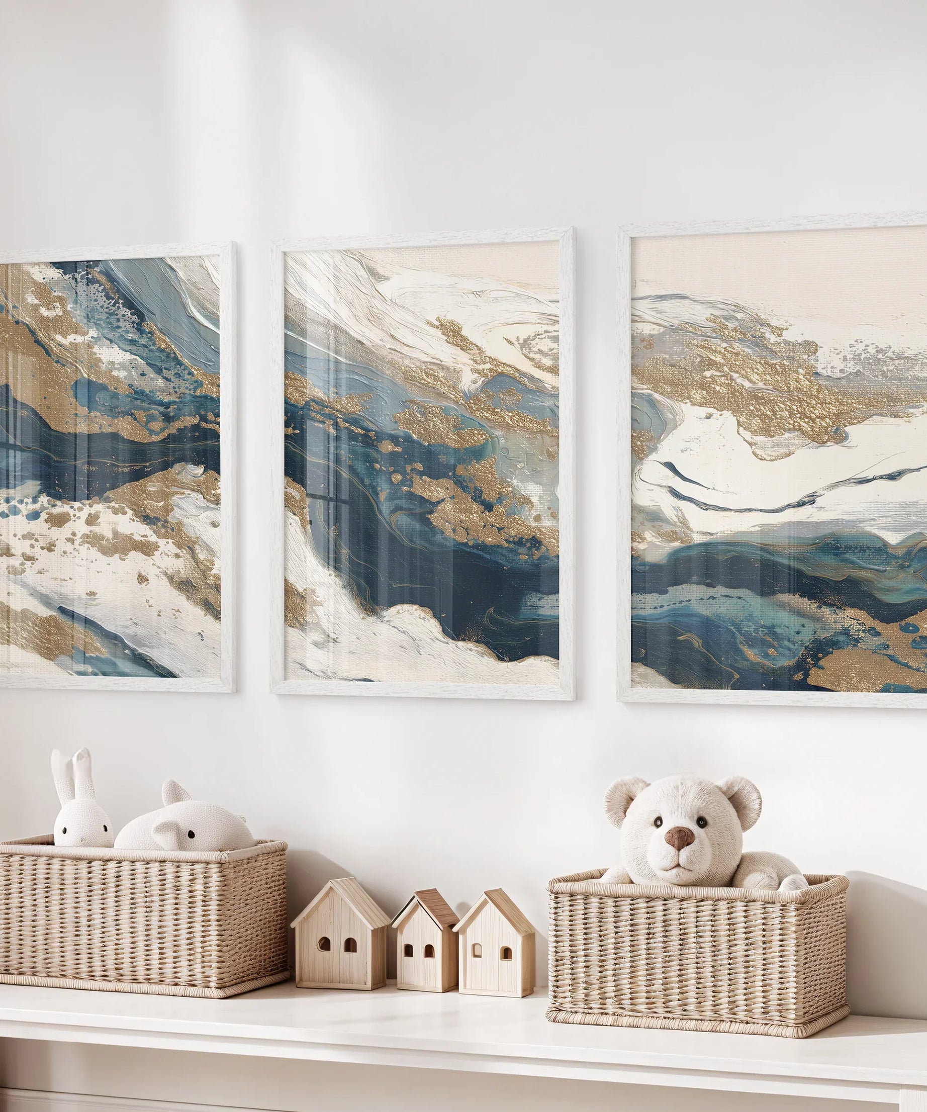 Gold & Blue Brush Strokes. Luxury 3 Piece Abstract Wall Art