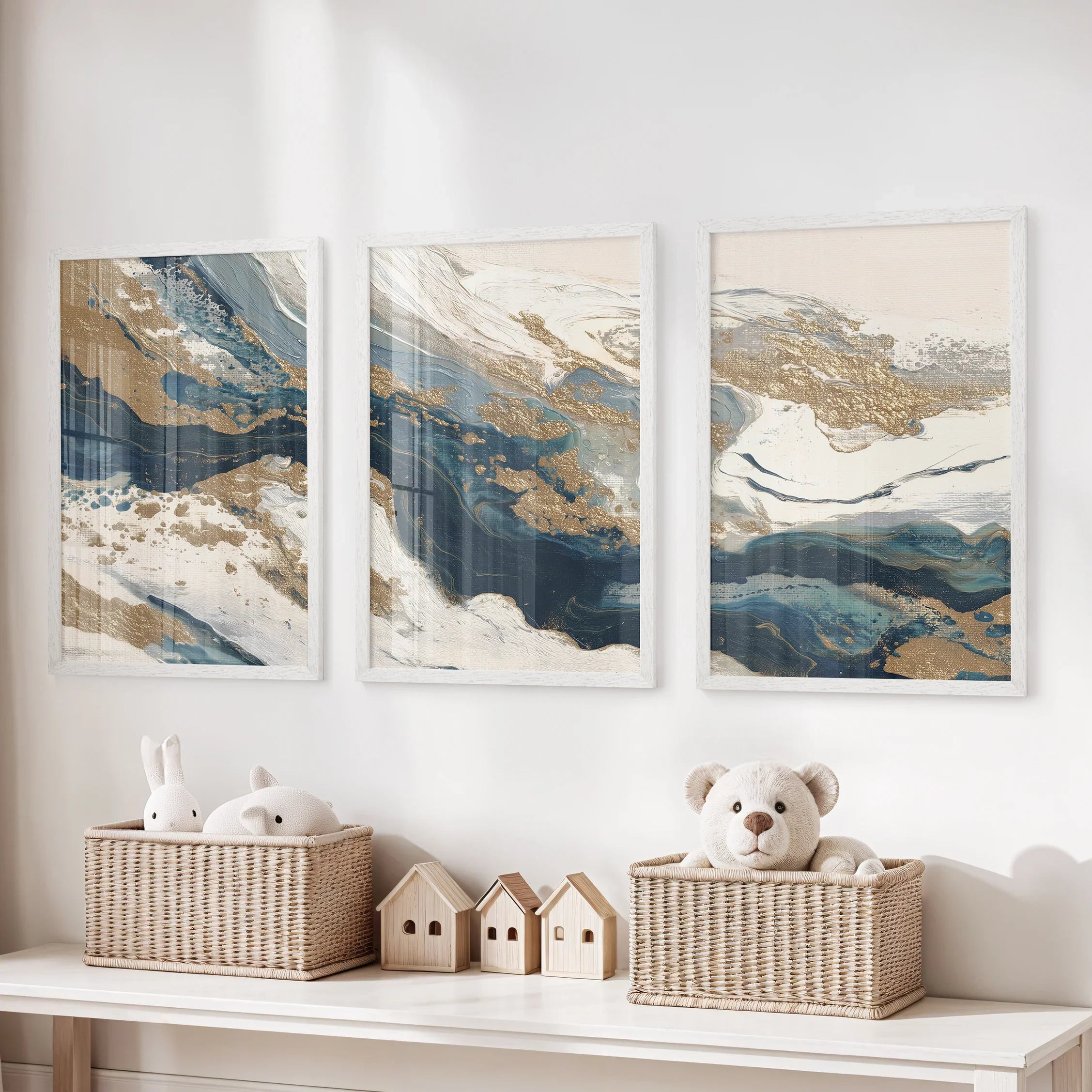 Gold & Blue Brush Strokes. Luxury 3 Piece Abstract Wall Art