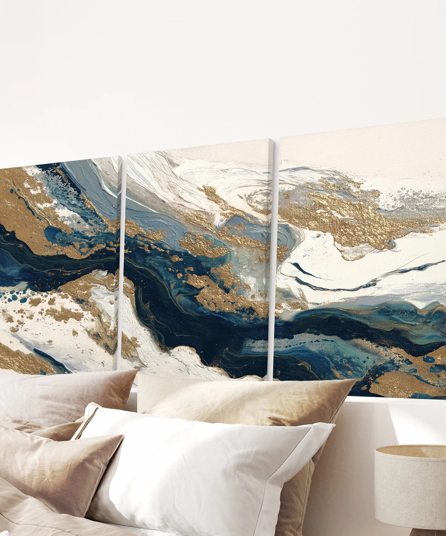 Gold & Blue Brush Strokes. Luxury 3 Piece Abstract Wall Art