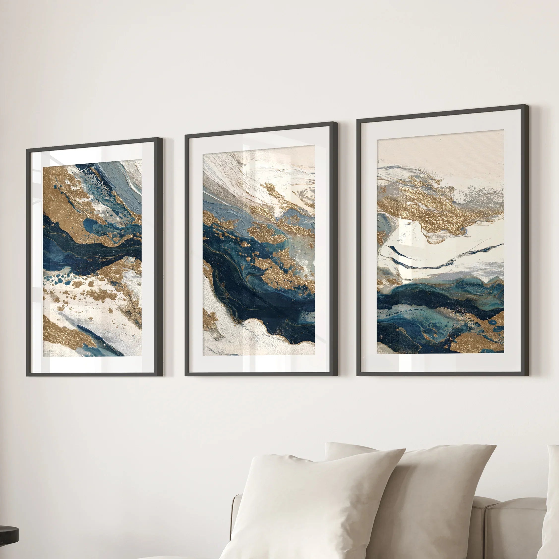 Gold & Blue Brush Strokes. Luxury 3 Piece Abstract Wall Art