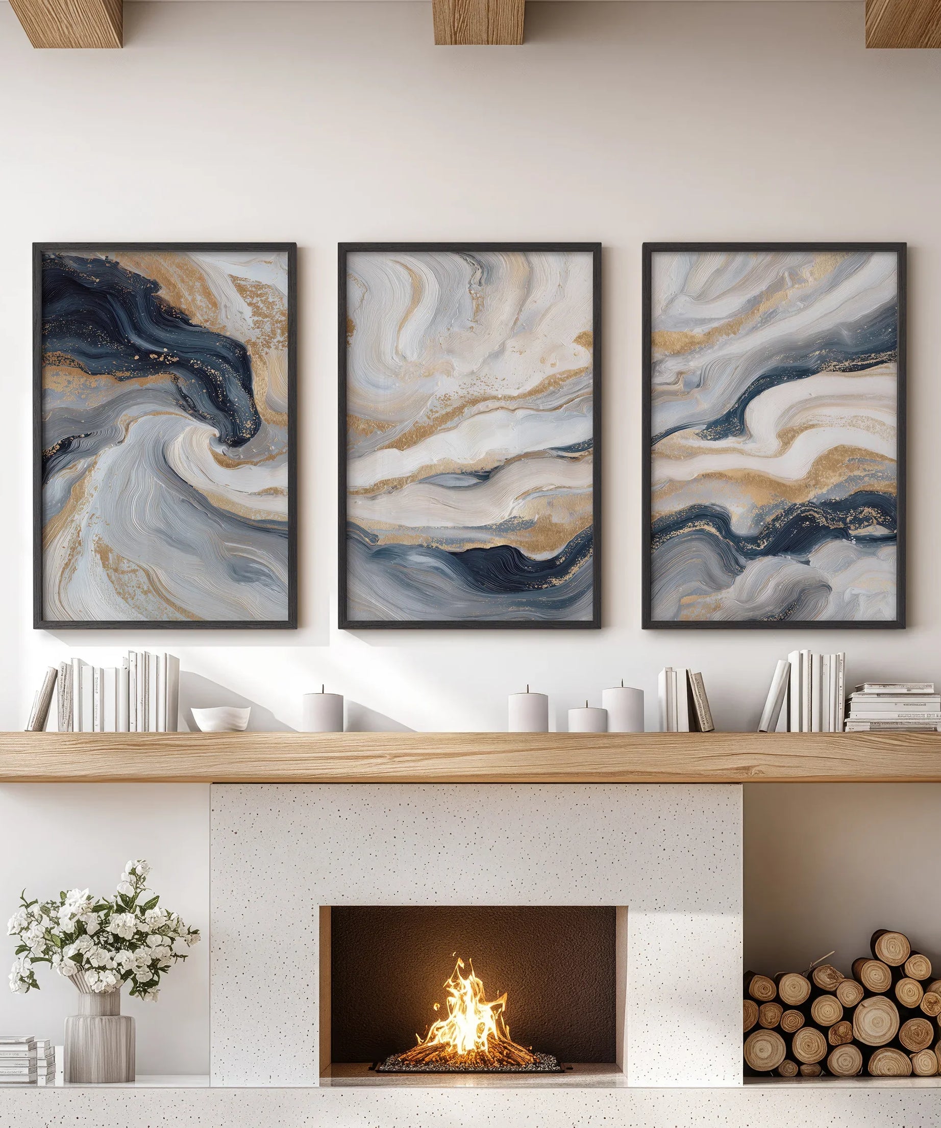 3 Piece Modern Abstract Marble Wall Art: Navy Blue and Gold