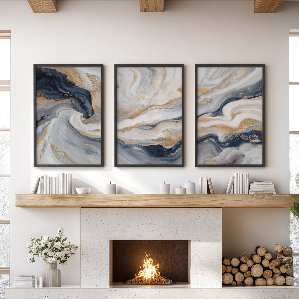 3 Piece Modern Abstract Marble Wall Art: Navy Blue and Gold