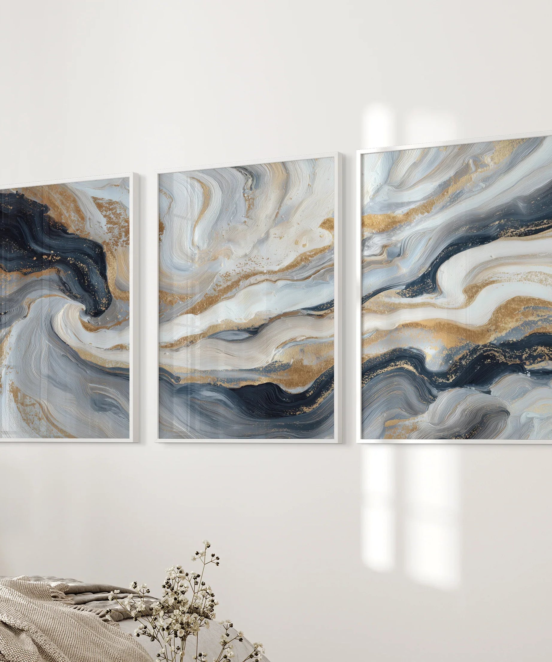 3 Piece Modern Abstract Marble Wall Art: Navy Blue and Gold
