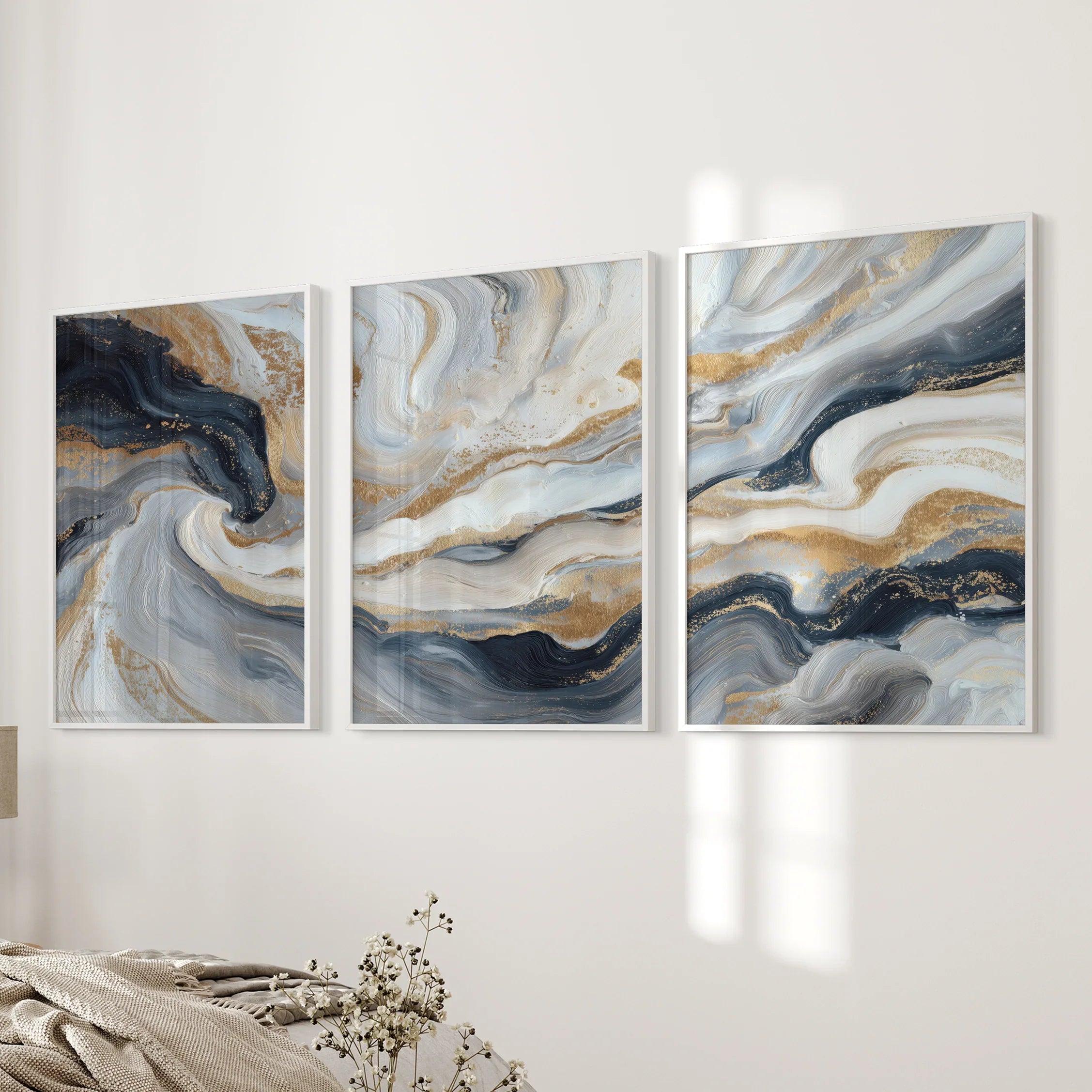 3 Piece Modern Abstract Marble Wall Art: Navy Blue and Gold