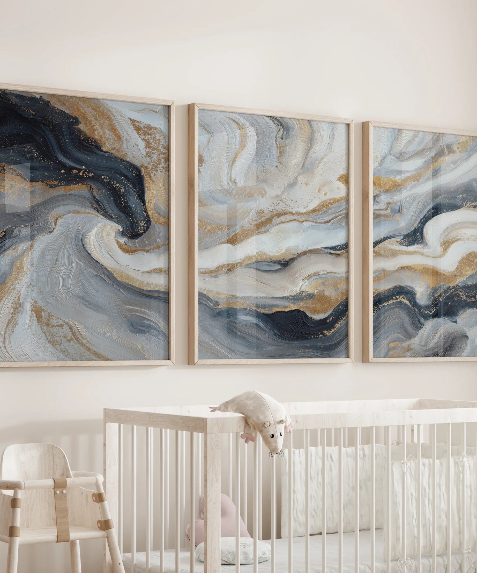 3 Piece Modern Abstract Marble Wall Art: Navy Blue and Gold