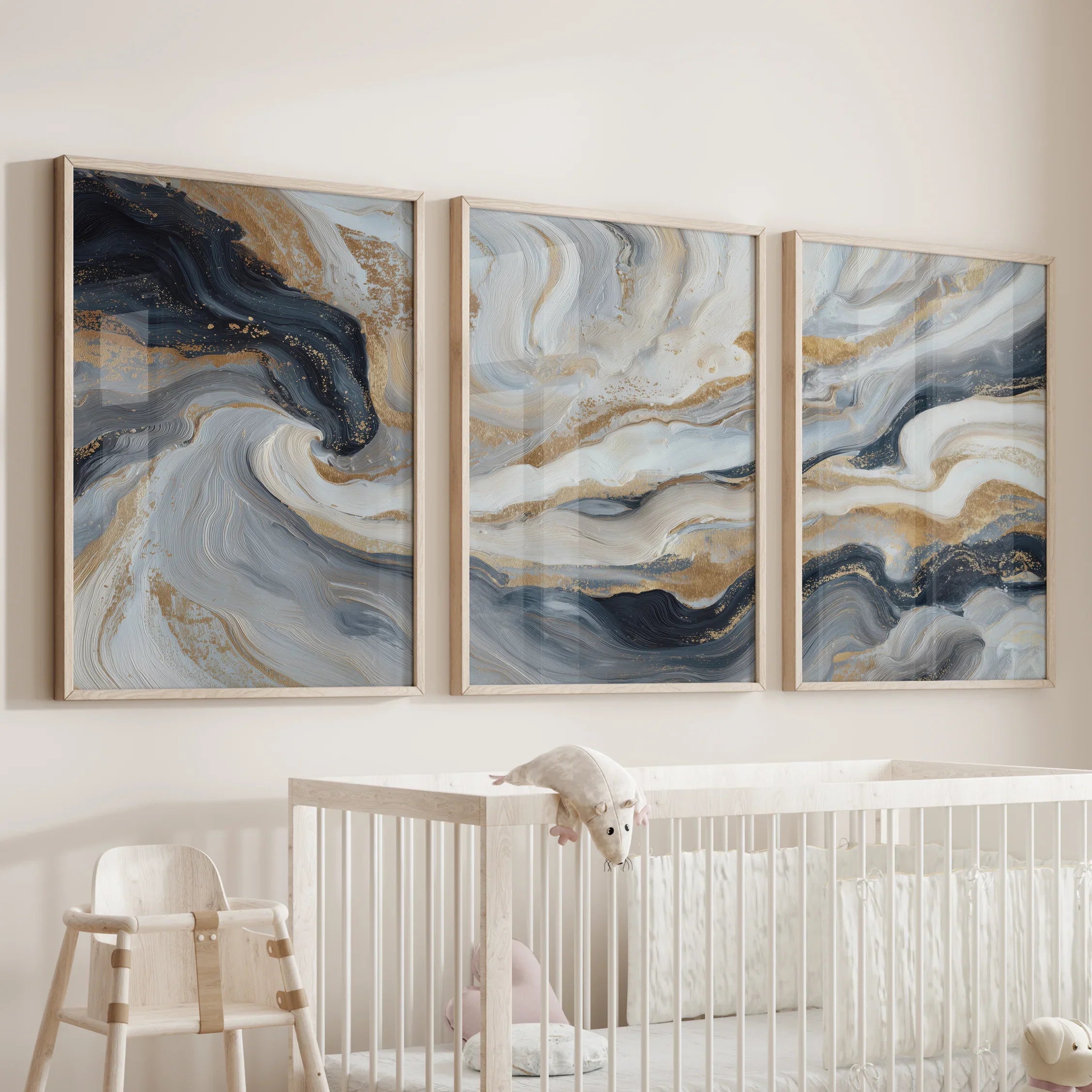 3 Piece Modern Abstract Marble Wall Art: Navy Blue and Gold