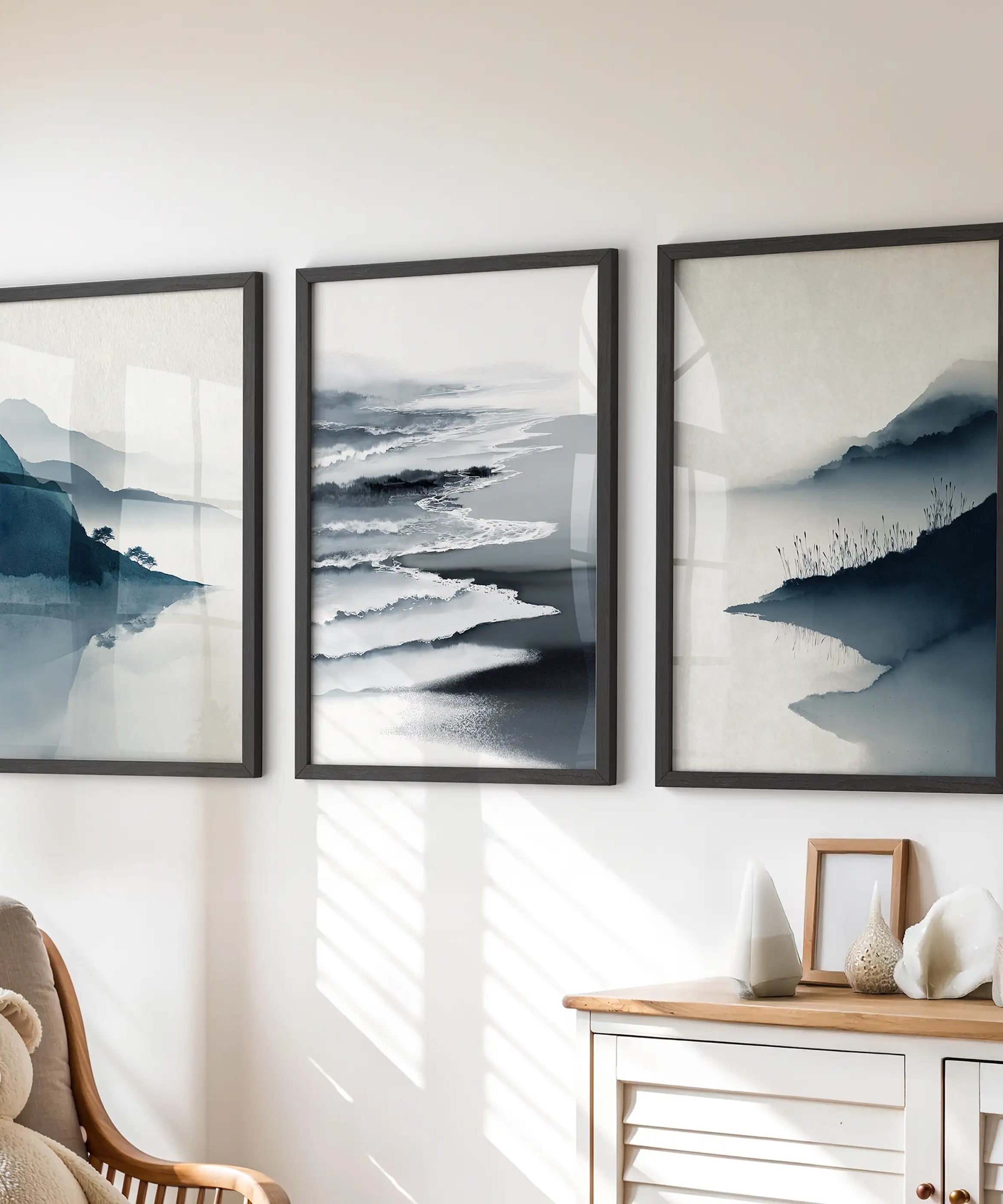 Minimalist Mountain Lake Set of 3. Modern Landscape Prints