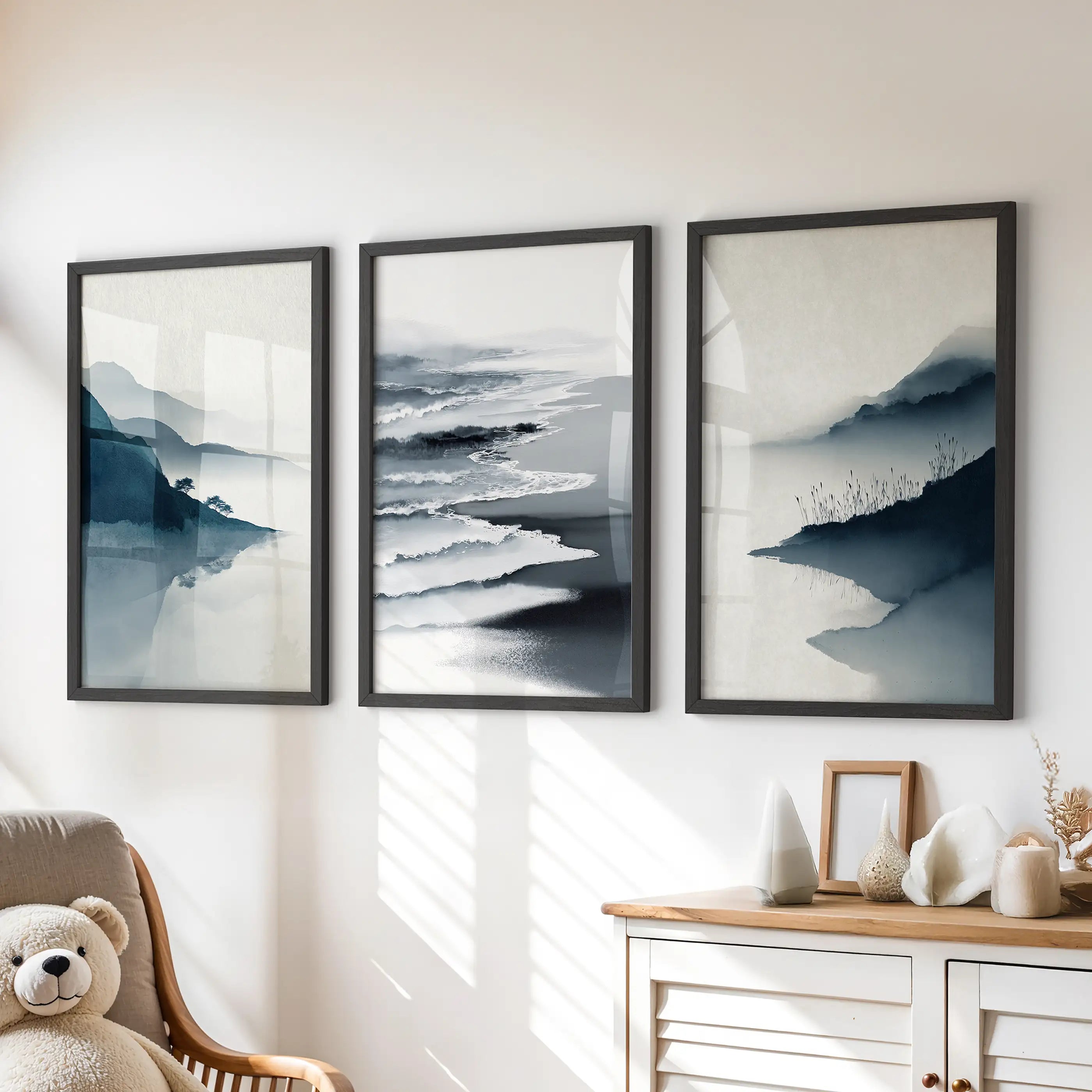 Minimalist Mountain Lake Set of 3. Modern Landscape Prints