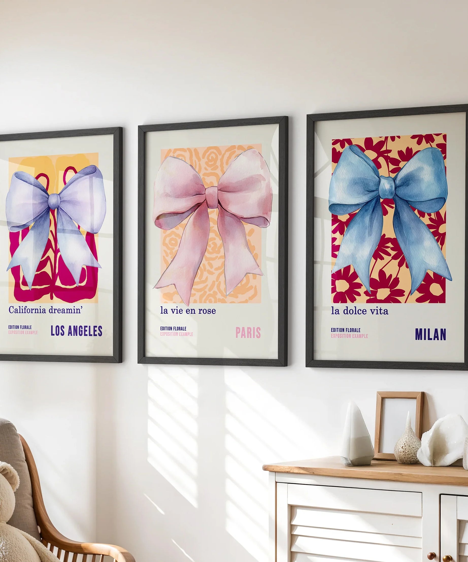 Girly Bow Wall Art Trio. Preppy Pastel Fashion Quotes Posters