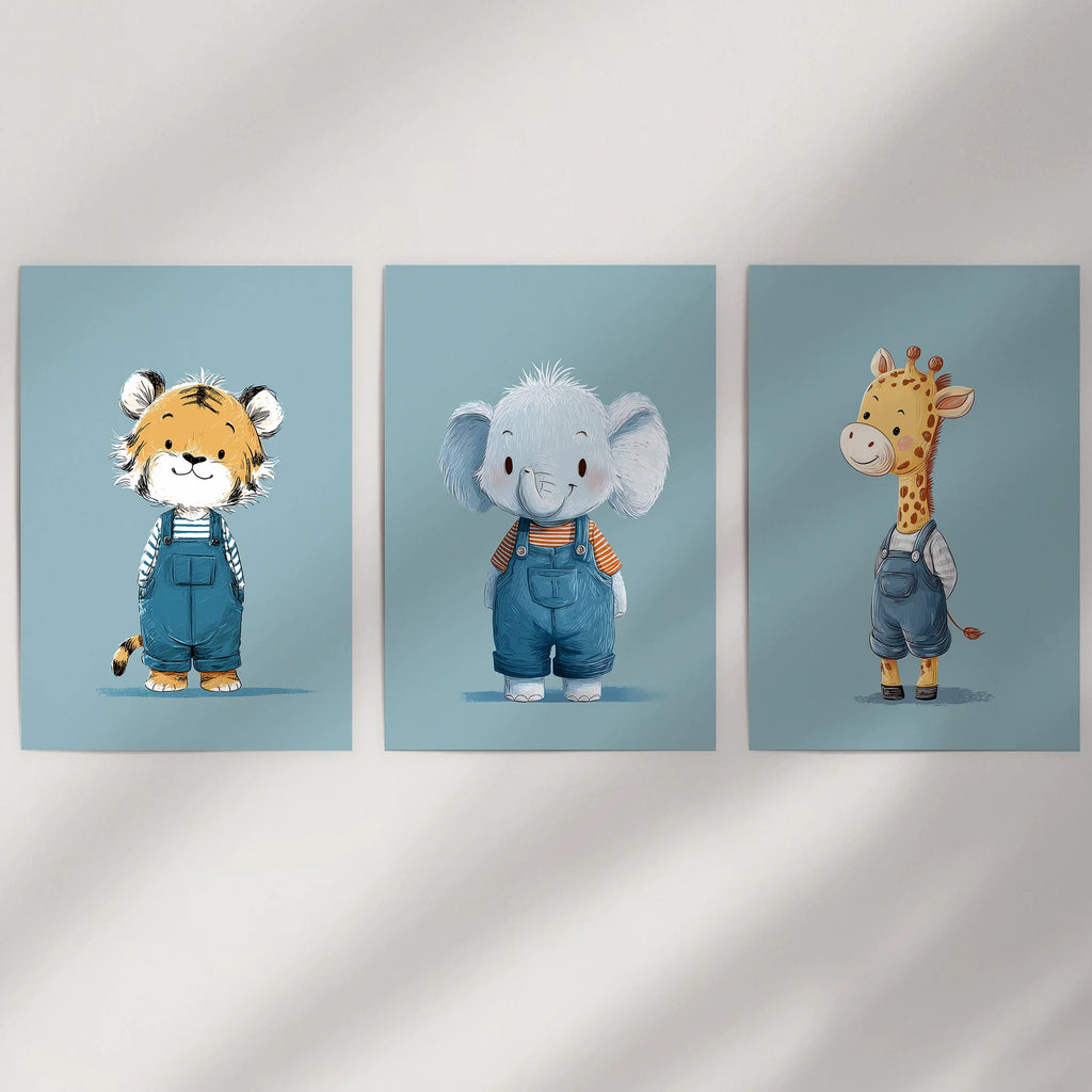Safari Nursery Wall Art Set of 3. Baby Elephant, Giraffe, Tiger