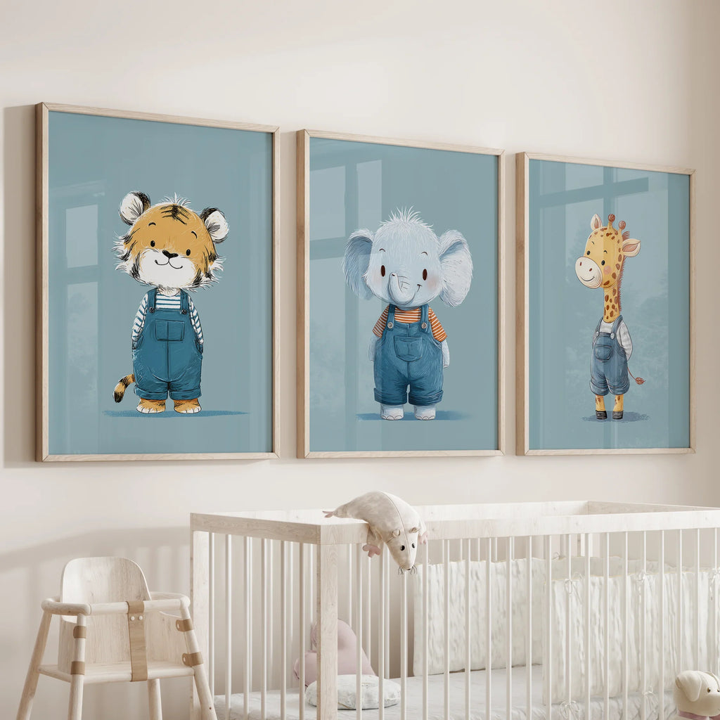 Safari Nursery Wall Art Set of 3. Baby Elephant, Giraffe, Tiger