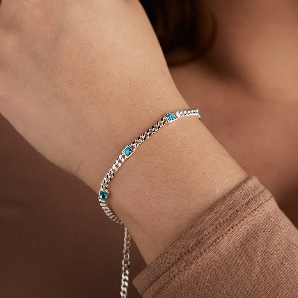 December Birthstone Blue Zircon Curb Chain Bracelet